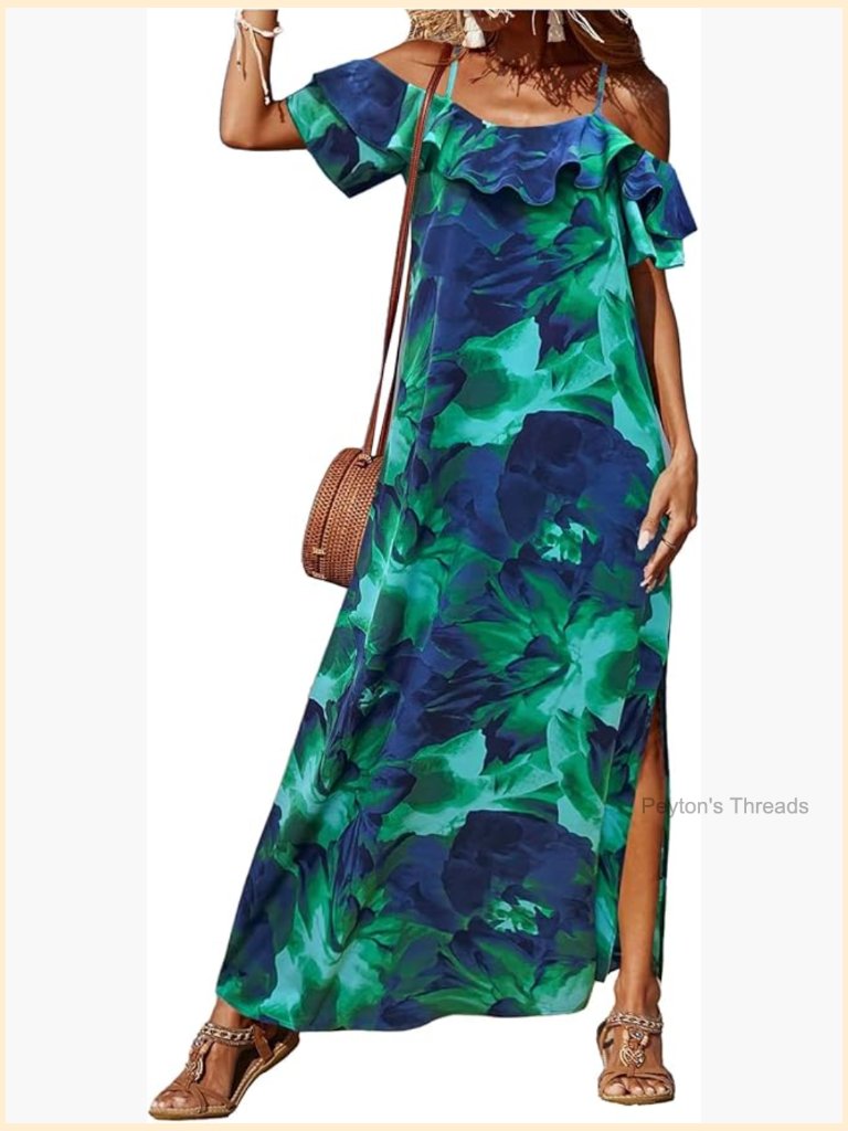 Women's Floral Cold Shoulder Boho Maxi Dress Ruffle Short Sleeve High Slit